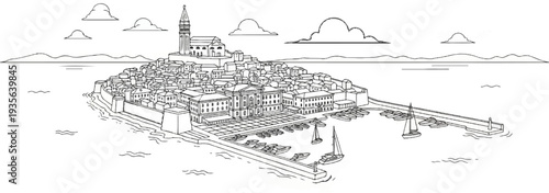 A charming European coastal town with a prominent bell tower overlooking a harbor filled with boats