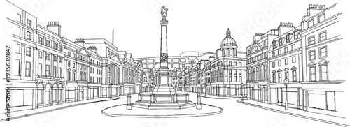 Monument stands tall in a city square surrounded by classical buildings