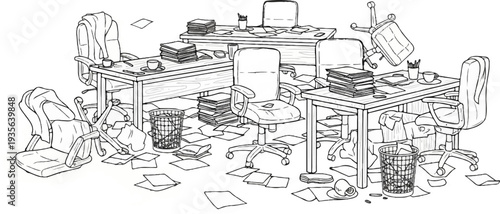 A chaotic office scene with scattered papers, overturned chairs, and cluttered desks