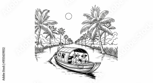 People travel by boat through a canal lined with palm trees under a sun