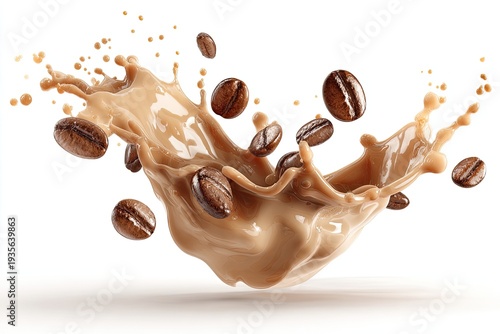Coffee beans appear to explode from a splash of milky, creamy liquid, white background