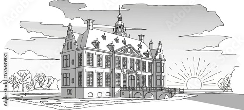 Ornate historical building with domed tower by a sunlit tranquil water landscape