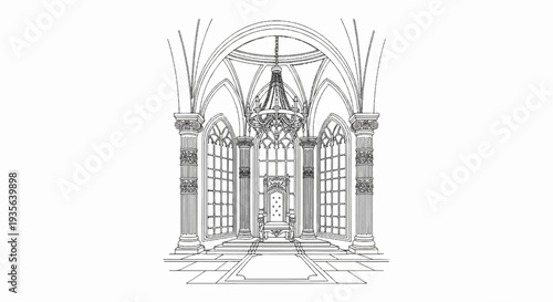Ornate throne room with Gothic architecture and grand chandelier