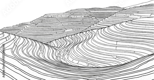 Stylized black and white line art rendering of layered terraced hills and valleys