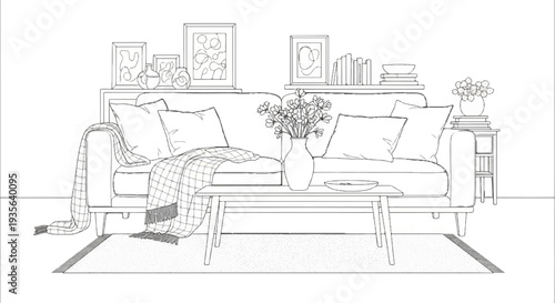 Sketch of a cozy living room with a sofa, coffee table, rug, and decor