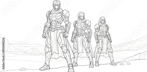 Three armored figures stand in a barren, rocky landscape under a clear sky