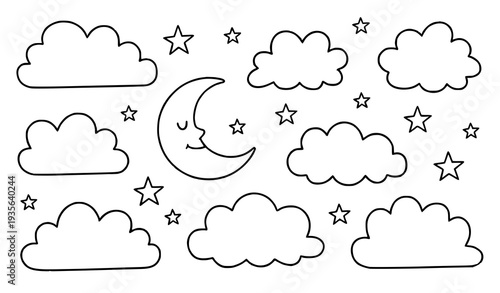 Naive Kids Hand Drawn Crayon Cloud Shapes Stars and Moon Vector Elements