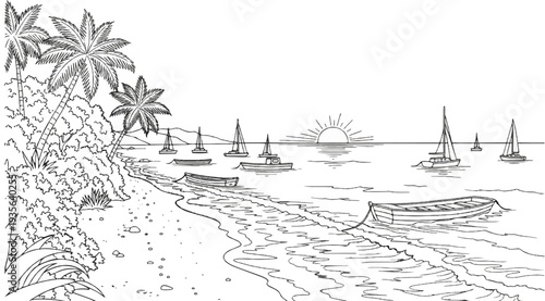 Tropical beach scene at sunset with palm trees, boats, and calm ocean waves