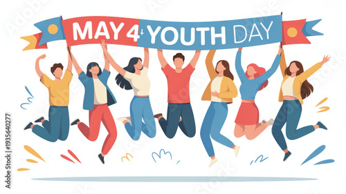Diverse group of young people jumping and celebrating may 4 youth day with colorful banner