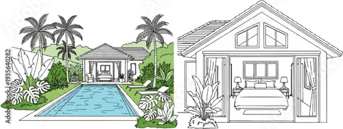 Tropical villa with pool and bedroom view