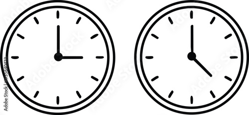 Minimalist black and white line art illustration of two analog wall clocks showing different times ideal for schedule management time tracking and business planning concepts