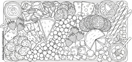 A detailed line drawing of a charcuterie board overflowing with cheeses, meats, fruits, and crackers