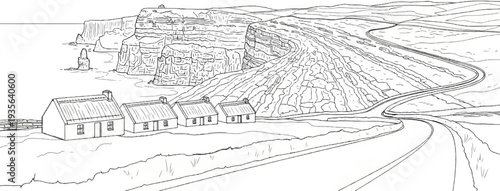 Rural coastal road winds past thatched cottages to towering cliffs