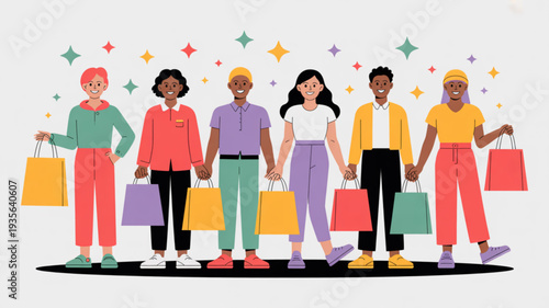 Diverse group of people shopping together happily with colorful bags and sparkles