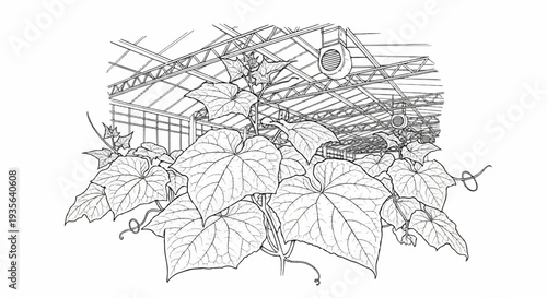 A close-up sketch of lush green vines and large leaves growing inside a greenhouse