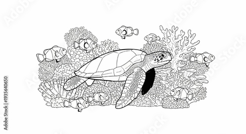 Sea turtle and clownfish swim among vibrant coral reef structures