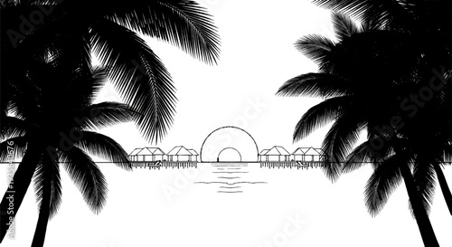 Silhouette of palm trees frames overwater bungalows and a sunset