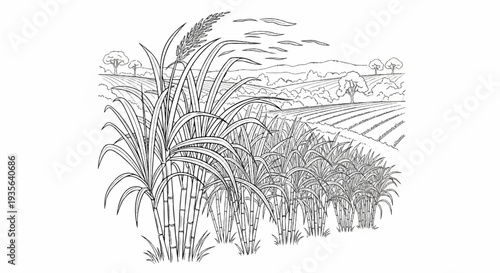 A black and white illustration of a sugarcane field under a cloudy sky