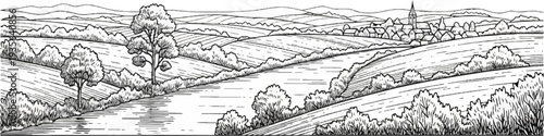 Verdant rural landscape with a winding river, rolling hills, and a distant village