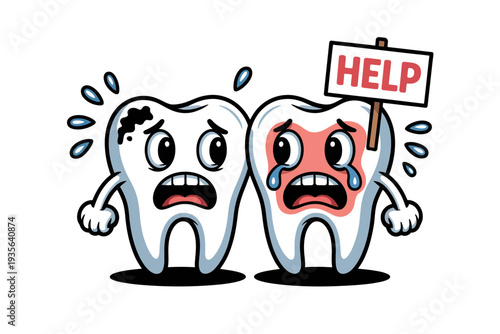 Tooth cartoon characters in distress with a help sign