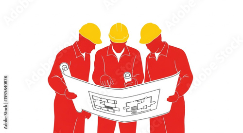 Three Construction Workers Discussing Blueprint.