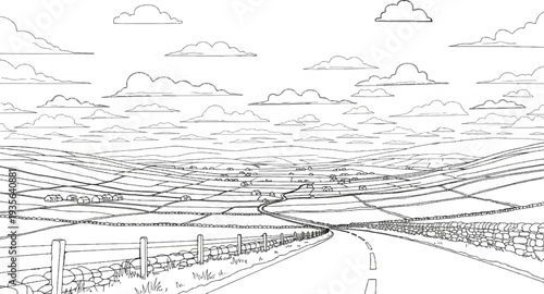 Winding road through rolling hills and scattered farmhouses under clouds