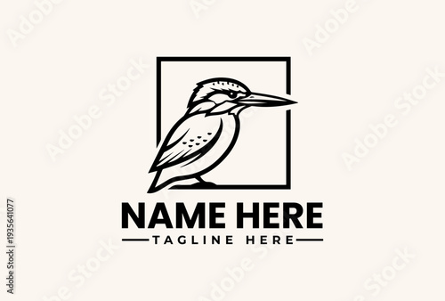 A minimalist illustration of a kingfisher bird logo with a square frame and placeholder text on a clean background.