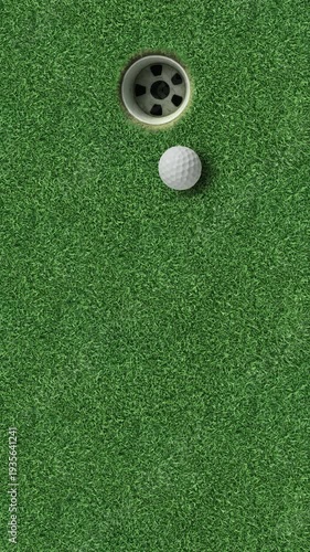 Vertical 4K golf hole background with ball inside hole on green grass putting surface alpha channel overlay ready for text graphics key visual