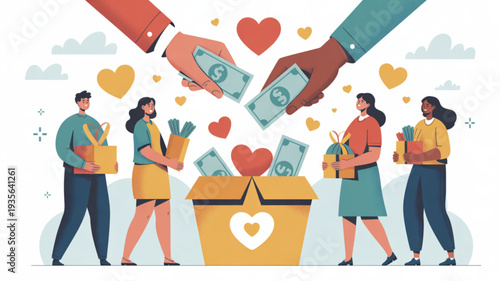 Diverse group of people contributing to charity donation box with money and gifts promoting kindness and generosity in a heartwarming illustration