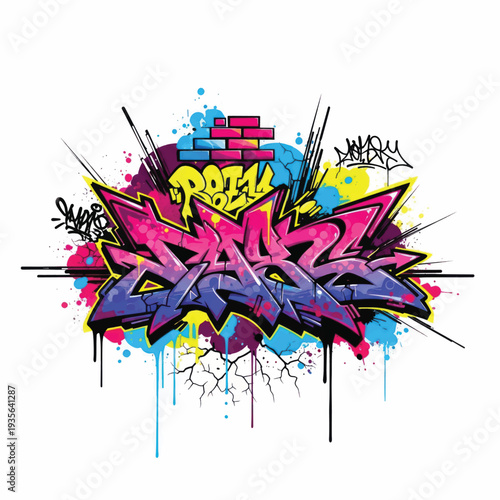 Colorful abstract graffiti mural with stylized lettering and paint splatters.