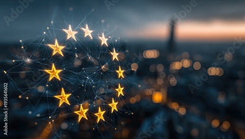 Networked golden stars against a blurred city skyline at dusk