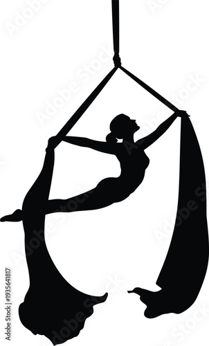 Silhouette aerial silk dancer performing graceful acrobatic pose suspended on fabric, elegant aerialist fitness art isolated on white background minimalist