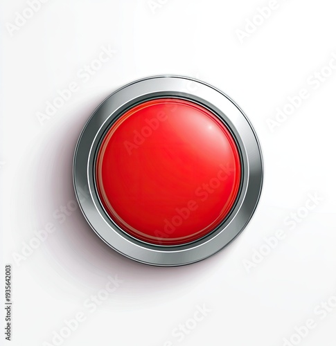 A shiny red, circular button with a metallic border, casting a shadow on a white background