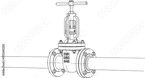 Industrial Gate Valve on Pipeline Technical Line Art Illustration Mechanical Engineering Equipment for Oil Gas Water Control System