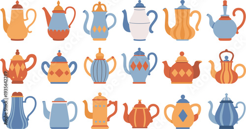 Colorful decorative teapots set illustration, vintage tea pot collection, traditional kettle designs, kitchen teaware icons, flat cartoon style