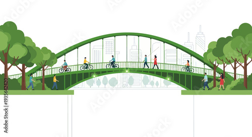 Green bridge with people cycling and walking, city skyline background, eco-friendly lifestyle