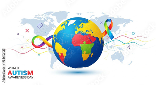 Global awareness illustration for neurodiversity acceptance, featuring a colorful puzzle-piece ribbon encircling the Earth, symbolizing universal support and understanding