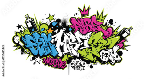 Colorful urban graffiti mural with layered lettering and dynamic characters.