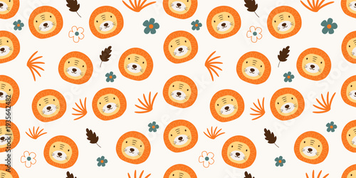 Cute Lion Face Seamless Pattern with Botanical Elements