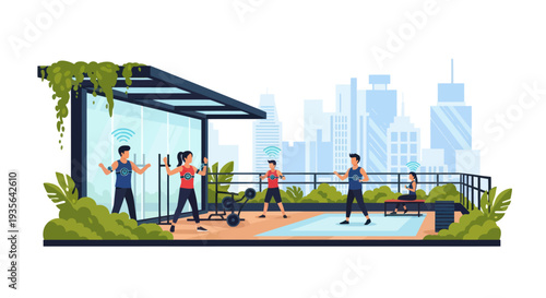 People exercising with smart fitness tech on a rooftop gym overlooking city skyline
