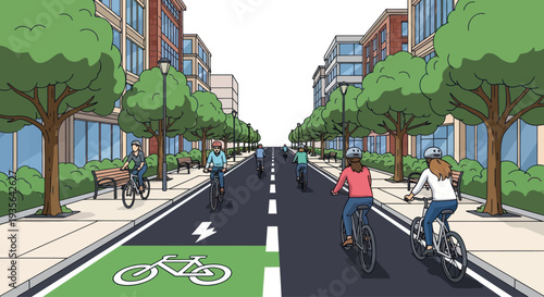 Urban cycling lane with people biking in a modern city street with buildings and trees