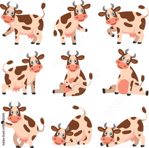 Cute cartoon cow character set with different poses, farm animal mascot collection, dairy cattle illustration for kids design