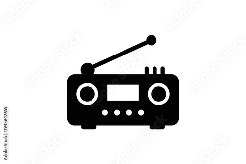 A black radio icon with a white background and simple design