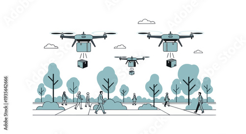 Drone Delivery Service in a Park with People Walking, Modern Future Logistics