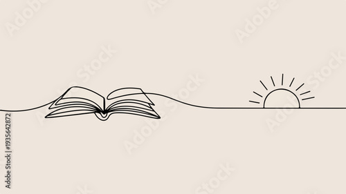 Open book with sun rising in minimalist line art style on beige background symbolizing knowledge and new beginnings