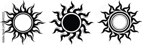 Collection of black sun tattoo silhouettes with tribal flame rays isolated on white background providing celestial graphic design elements for artistic branding and creative projects