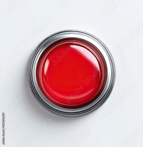 A glossy red button with a silver rim, centered on a white surface