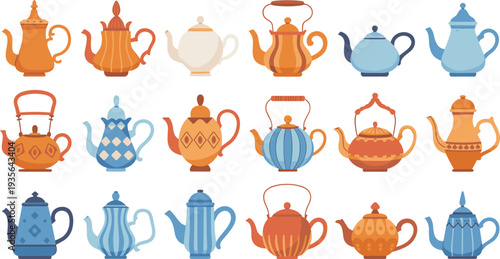 Decorative teapot collection illustration, colorful vintage tea pots set, traditional kettle designs, kitchen teaware icons, flat cartoon style