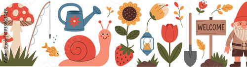 Whimsical garden elements illustration set, mushrooms, snail, sunflower, strawberry, watering can, lantern, tulip, shovel, gnome, welcome sign, nature spring vector