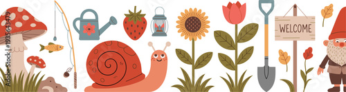 Whimsical garden elements vector set with mushroom, snail, sunflower, tulip, strawberry, lantern, watering can, fishing rod, gnome illustration